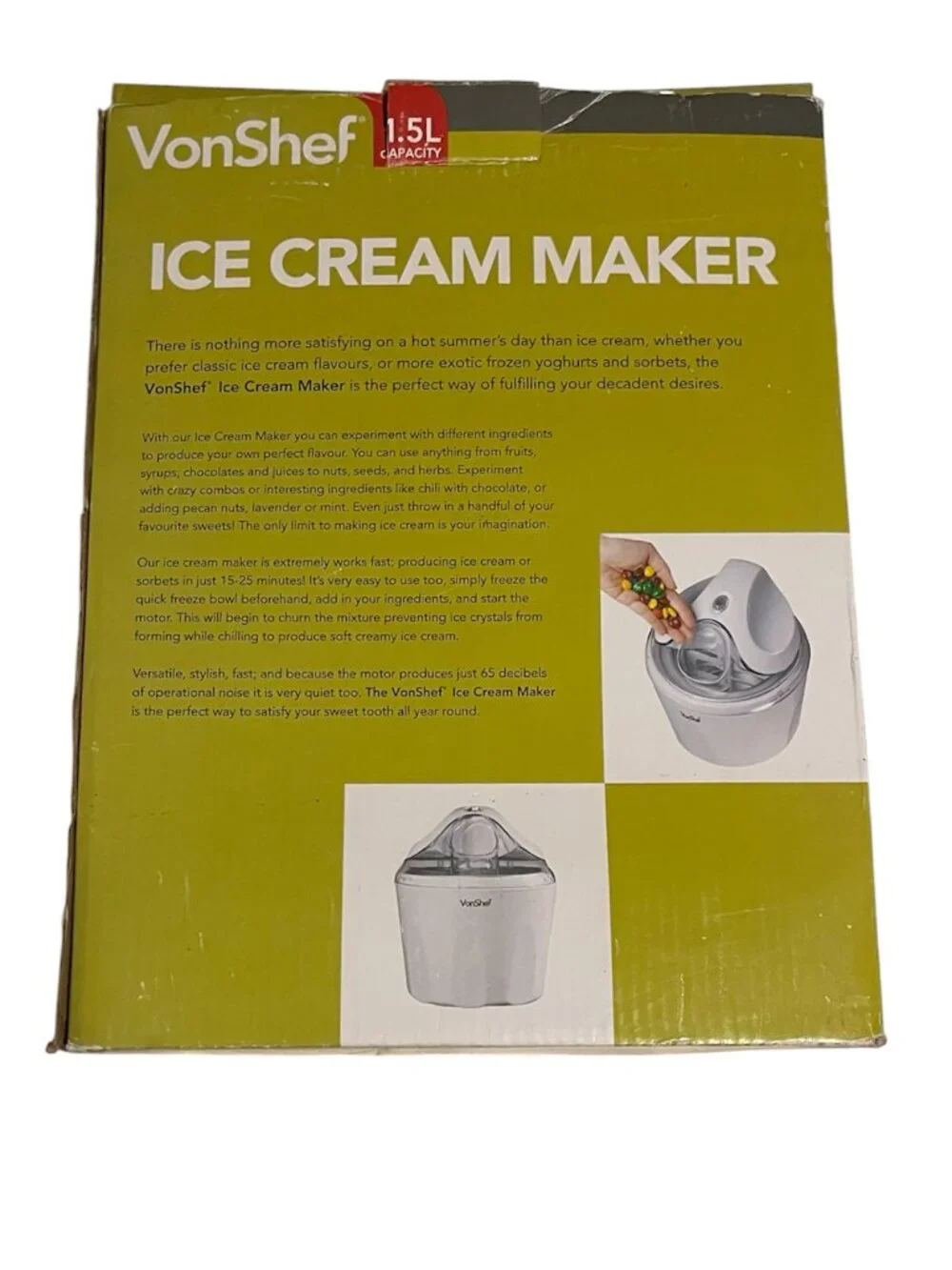 VonShef 1.5L Ice Cream, Frozen Yogurt, and Sorbet Maker NWT